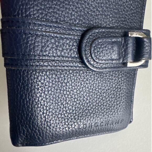 Vintage Longchamp Navy Blue Pebbled Leather Buckle trifold Wallet France - Picture 5 of 14